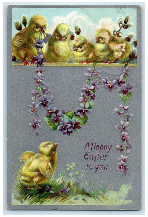 1911 Easter Chicks Pansies Flowers Embossed Scottville MI Tuck's Posted Postcard