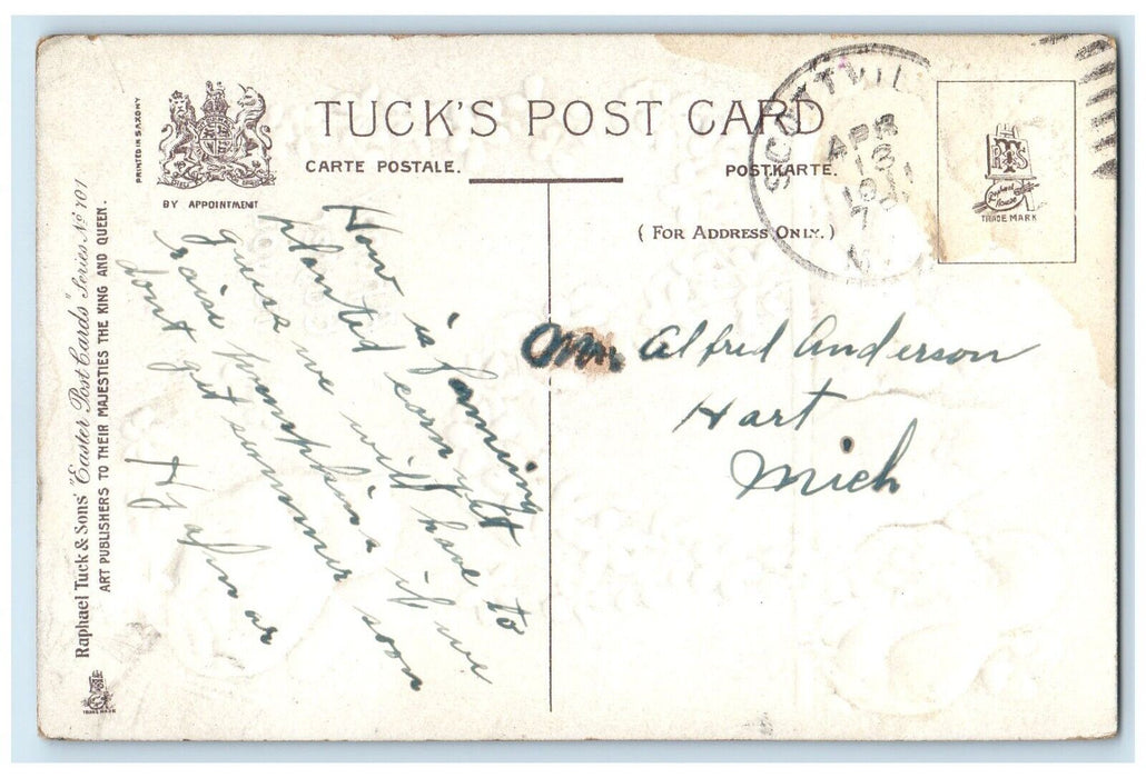 1911 Easter Chicks Pansies Flowers Embossed Scottville MI Tuck's Posted Postcard