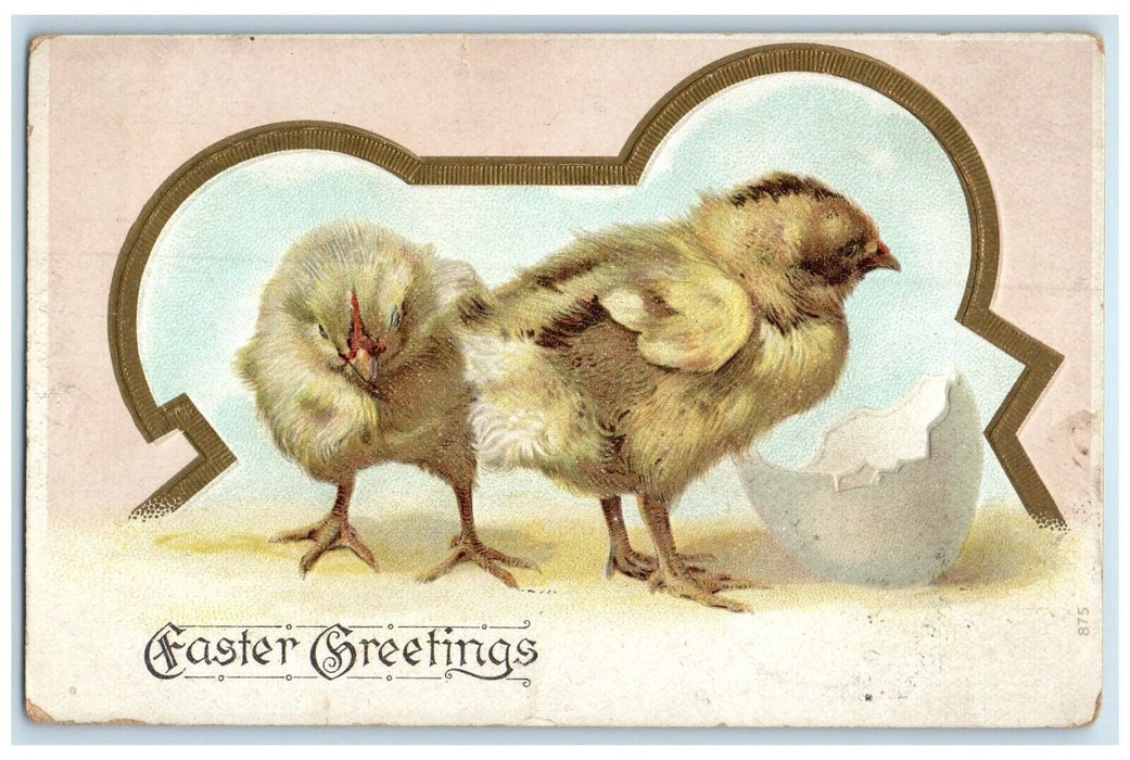 c1910's Easter Greetings Chicks Hatched Egg Embossed Scottville MI Postcard