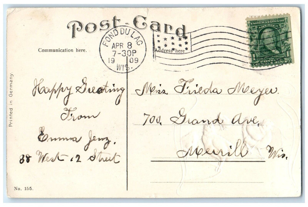 1909 Easter Chicken Chicks Embossed Fond Dulac Wisconsin WI Antique Postcard