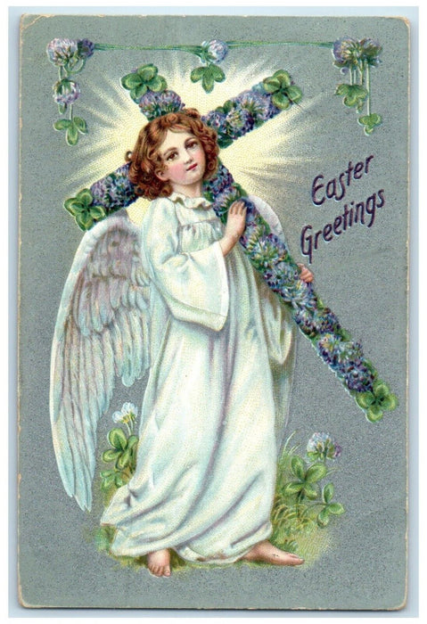 1909 Easter Greetings Angel Holy Cross Flowers Shamrocks Tuck's Antique Postcard