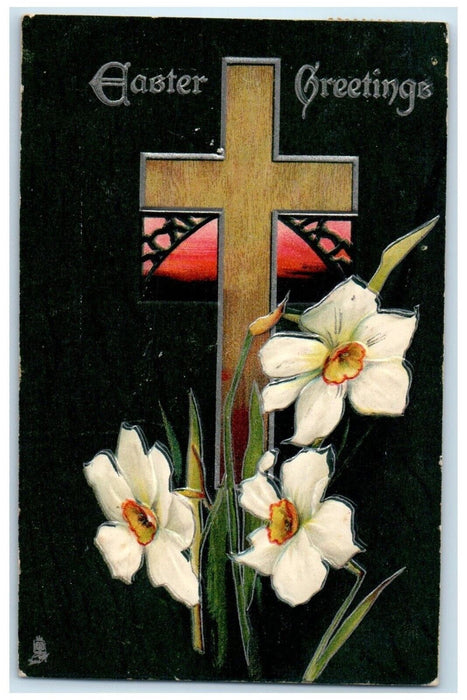 1909 Easter Greetings Holy Cross White Lily Flowers Embossed Tuck's Postcard