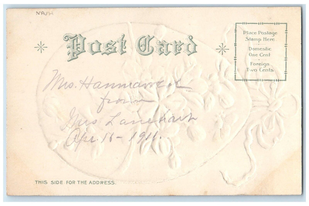 c1905 Easter Hanging Giant Egg With White Flowers Embossed Nash Antique Postcard