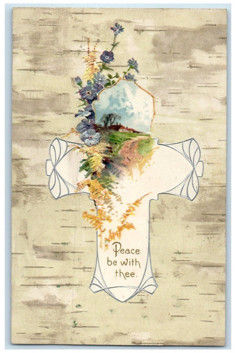 c1910's Easter Holy Cross With Flowers Peace Be With Thee Embossed Nash Postcard