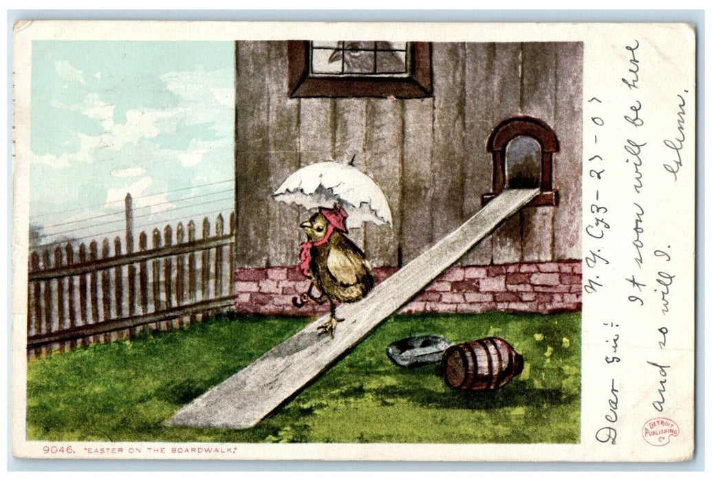 1907 Easter On The Boardwalk Chick With Bonnet Umbrella New York NY Postcard