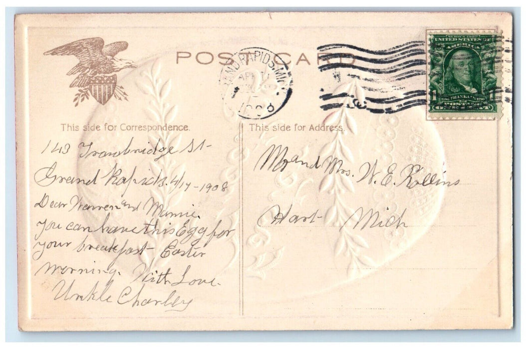 1908 Easter Greetings Giant Egg Embossed Grand Rapids Michigan MI Postcard