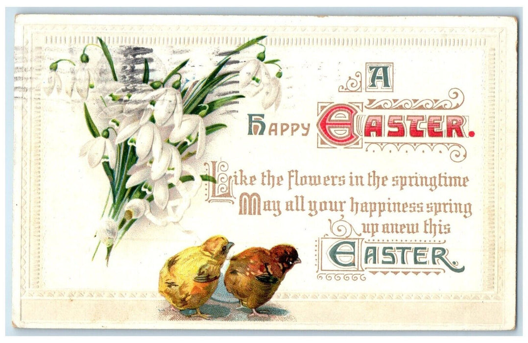 1913 Easter Chicks White Flowers Embossed Troy New York NY Antique Postcard