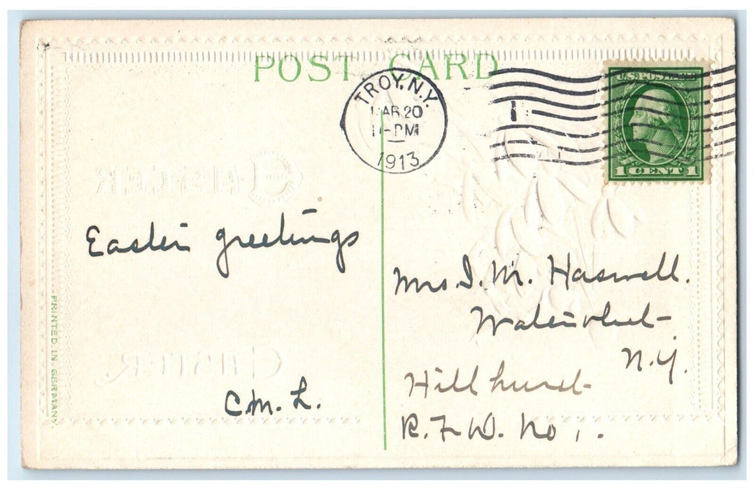 1913 Easter Chicks White Flowers Embossed Troy New York NY Antique Postcard