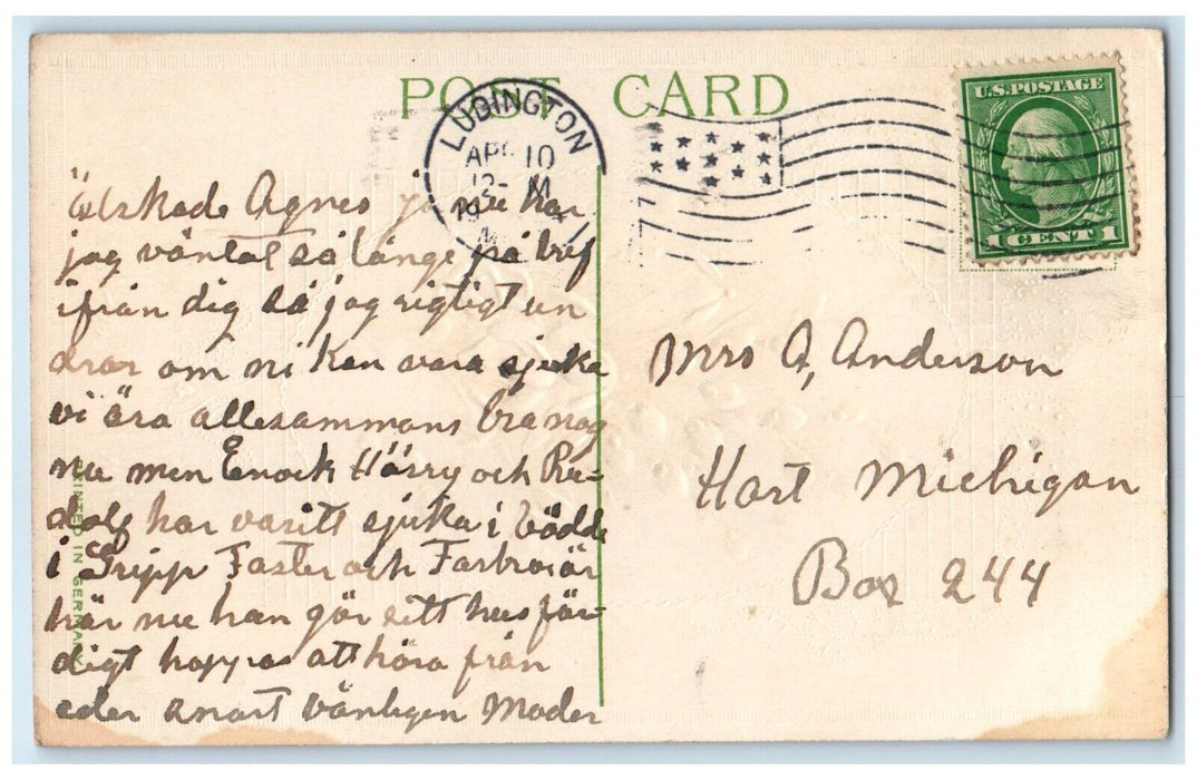 c1910's Easter White Flowers Pipe Berry Embossed Ludington Michigan MI Postcard