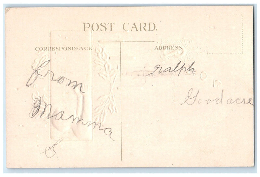 c1910's Christmas Morn Little Boy Candle Lights Holly Berries Embossed Postcard