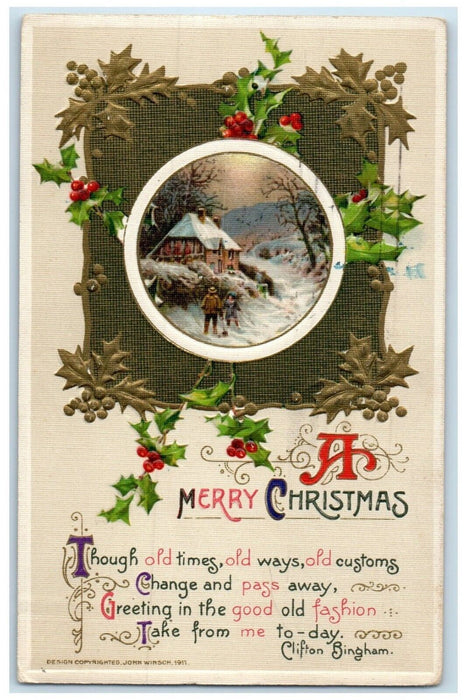 1911 Christmas Holly Berries House Winter John Winsch Artist Signed Postcard
