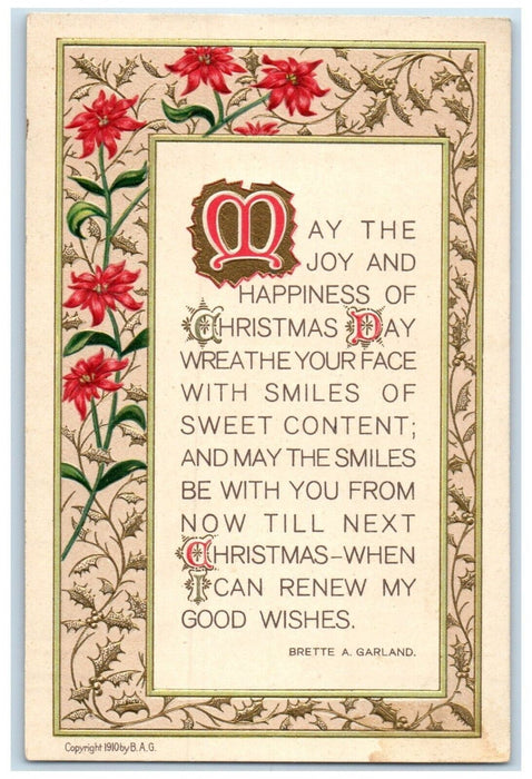 c1910's Christmas Message Brette Garland Poinsettia Flowers Embossed Postcard