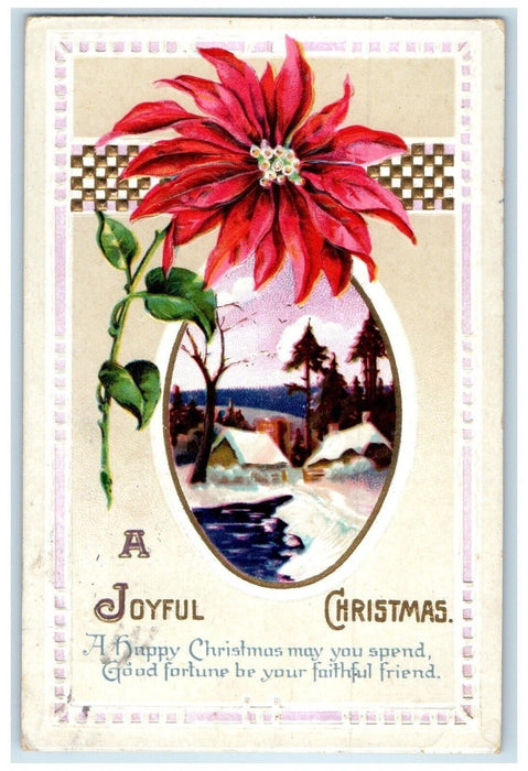 1913 Christmas Poinsettia Flowers House Winter Clapsaddle Embossed Postcard