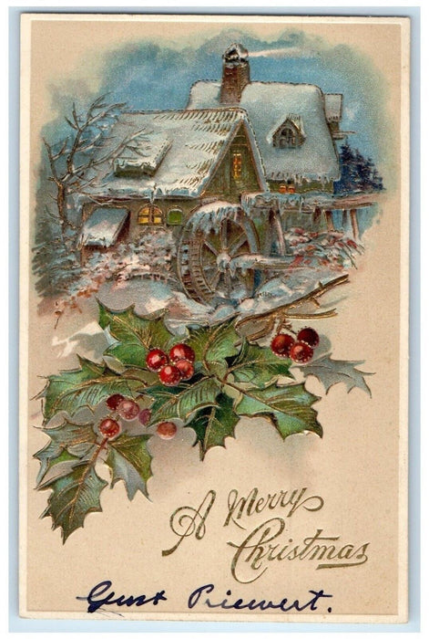 c1910's Christmas Holly Berries Mill In Winter Embossed Antique Postcard