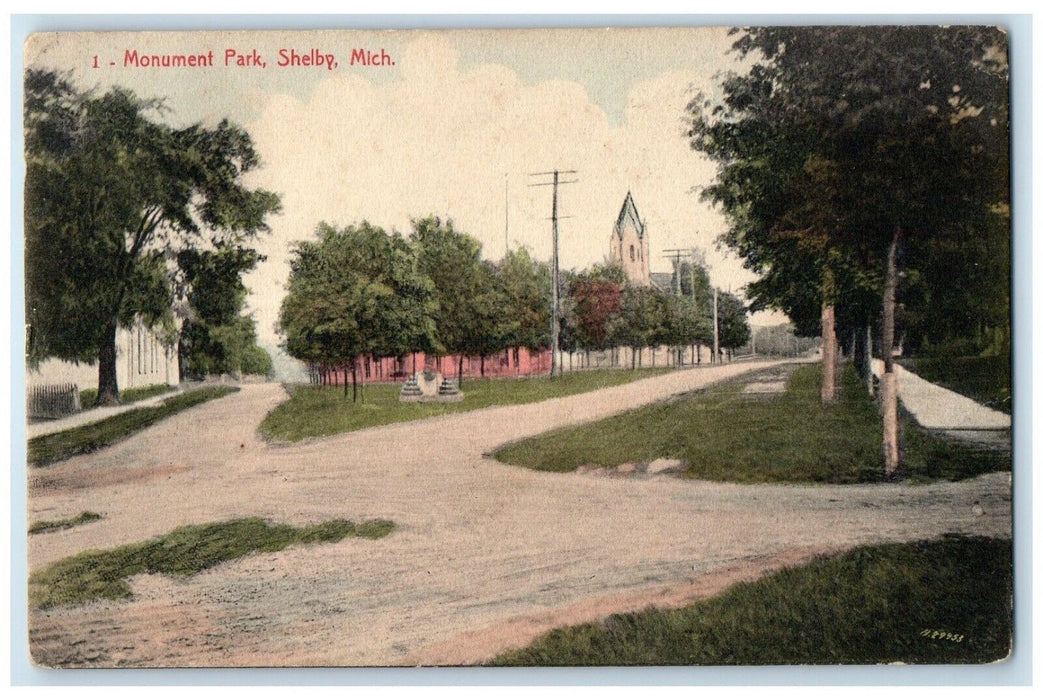 1909 Monument Park Pathway Street Road Shelby Michigan Antique Vintage Postcard