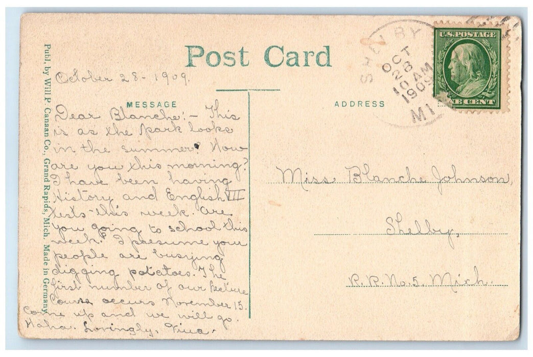 1909 Monument Park Pathway Street Road Shelby Michigan Antique Vintage Postcard