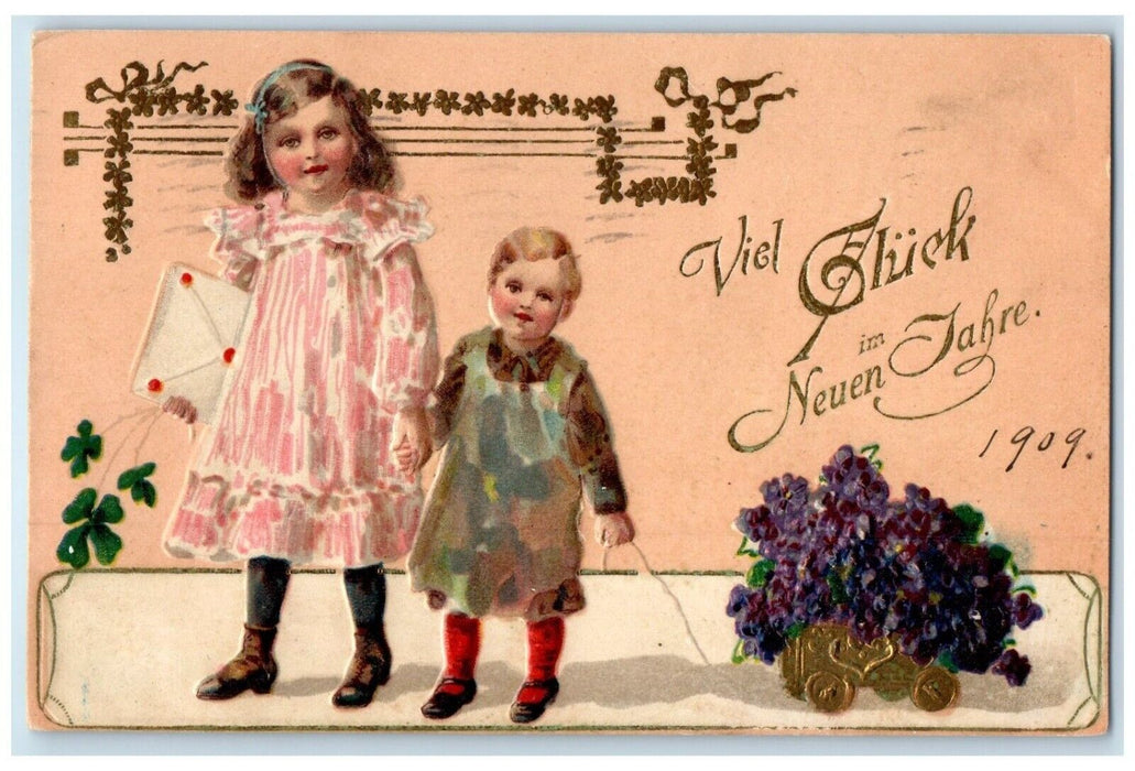 1908 Children With Flowers In Toy Cart Shamrock Milwaukee WI Embossed Postcard