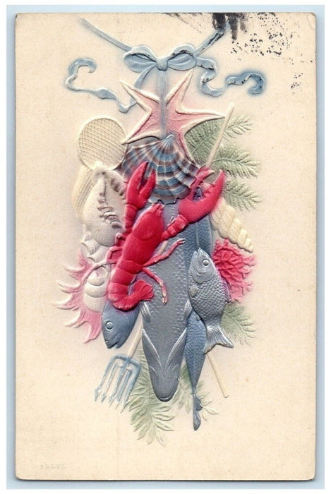 c1910's Easter Fishes Prawn Airbrushed Embossed Hart Michigan MI Posted Postcard