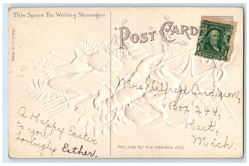 c1910's Easter Fishes Prawn Airbrushed Embossed Hart Michigan MI Posted Postcard