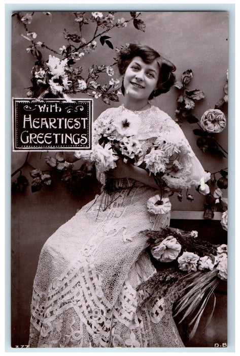 1910 Heartiest Greetings Pretty Woman Flowers Warsaw IN RPPC Photo Postcard