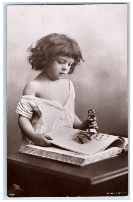 c1910's Cute Little Girl Reading Book Stamp RPPC Photo Unposted Antique Postcard