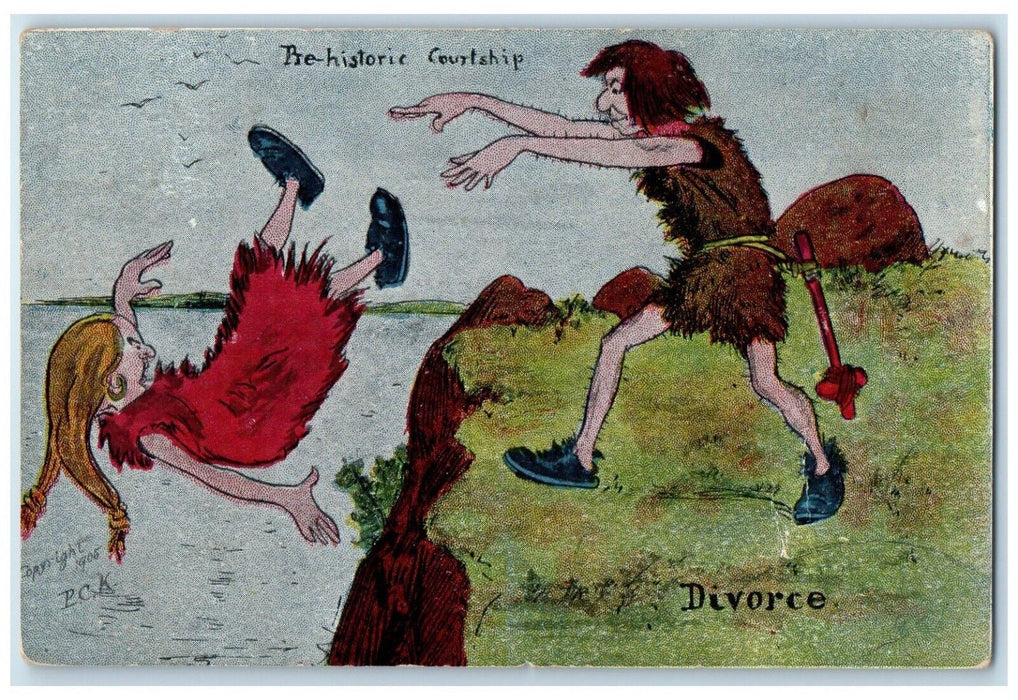 c1910's Couple Pre Historic Courtship Divorce PCK Posted Antique Postcard