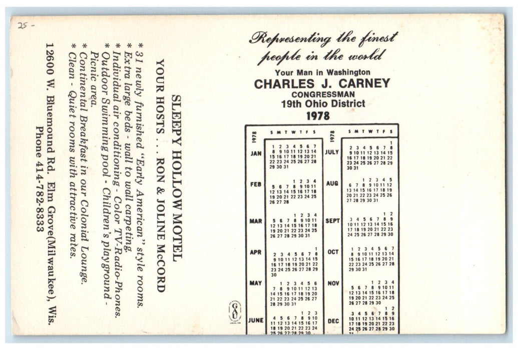 Charles J Carney Congressman Sleepy Hollow Motel Milwaukee Wisconsin WI Postcard