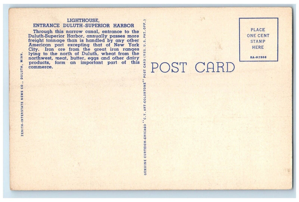c1940 Lighthouse Entrance Duluth Superior Harbor Lake Duluth Minnesota Postcard