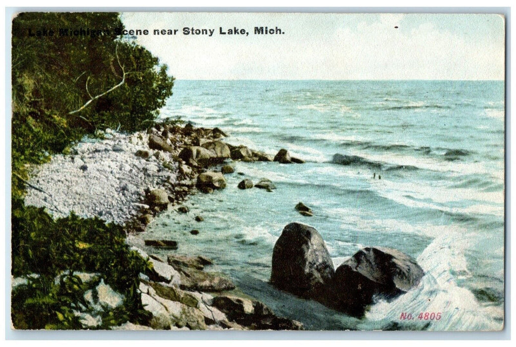 1909 Scene Near Stony Lake Waves Rocks Michigan Posted Vintage Antique Postcard