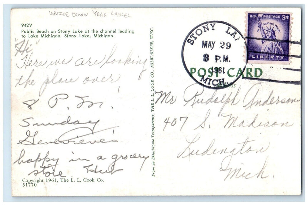 1961 Aerial Upside Down Year Cancel Public Beach Stony Lake Michigan MI Postcard