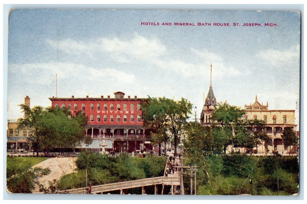 1913 Overlooking Hotels Mineral Bath House St Joseph Michigan Vintage Postcard
