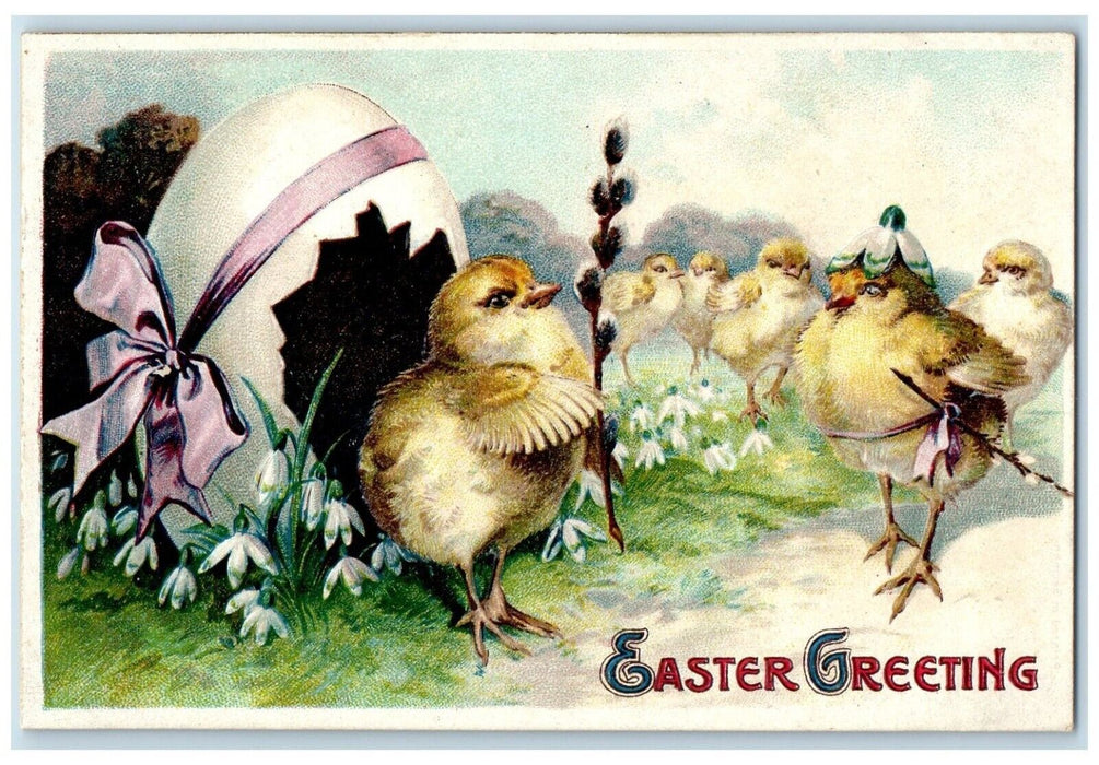 c1910's Easter Greeting Anthropomorphic Hatched Egg Chicks Embossed Postcard