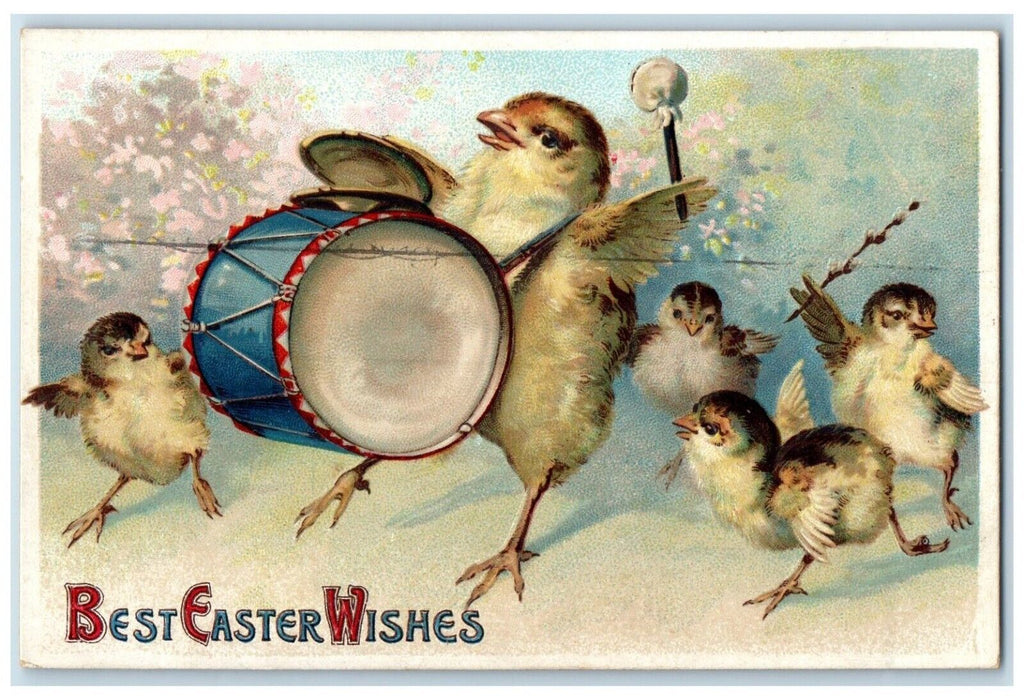 1912 Easter Anthropomorphic Chicks Drummer Flowers Poughkeepsie NY Postcard