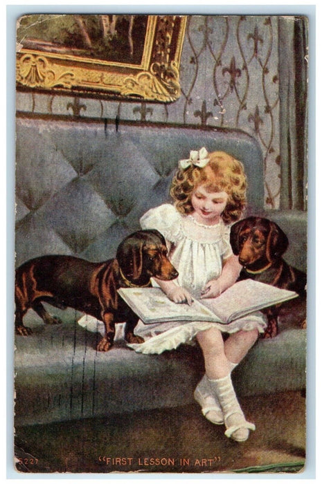 1911 Little Girl And Dachshund Dog First Lesson In Art Evanston IL Postcard