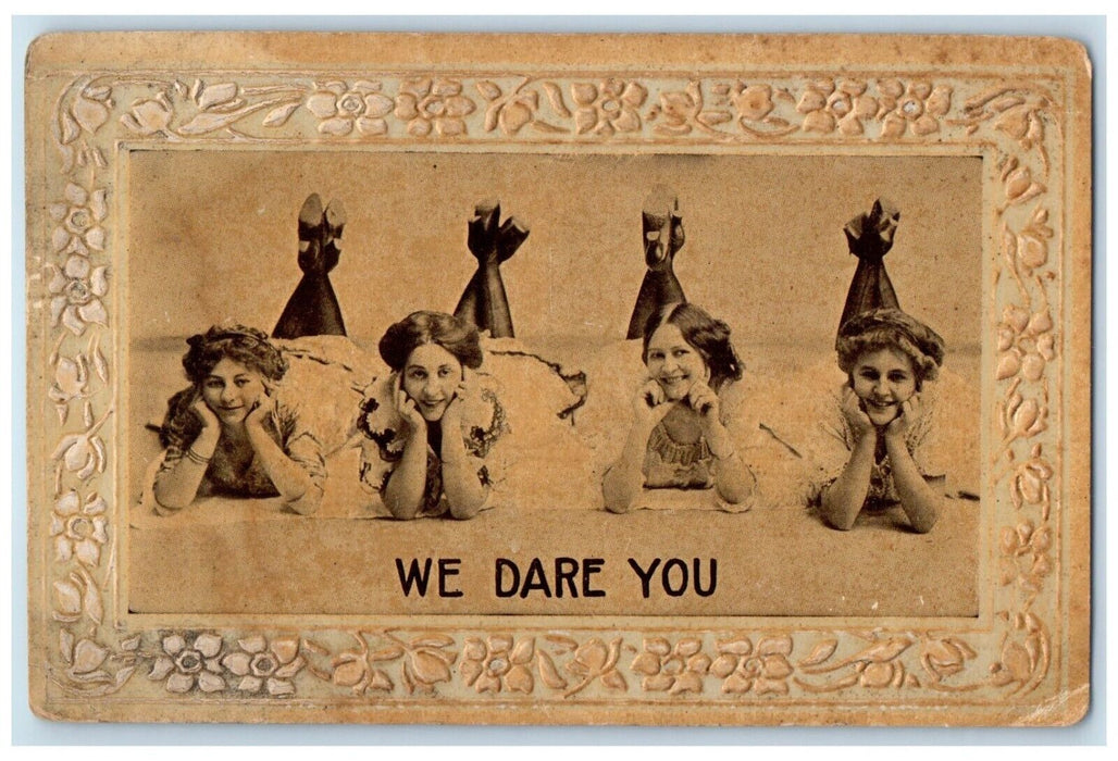 c1910's Four Pretty Woman We Dare You Embossed Risque Humor Embossed Postcard