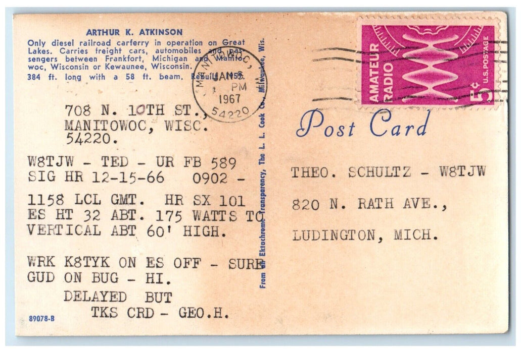 1967 Diesel Railroad Carferry W9GI Ham Radio Great Lakes Kewaunee WI Postcard