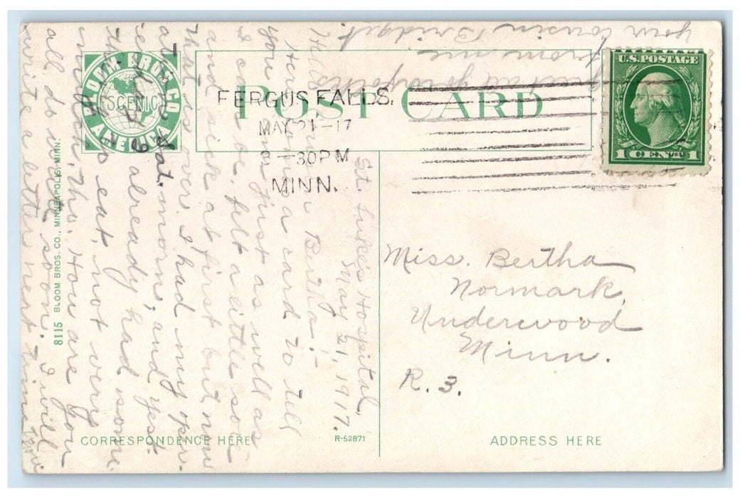 1917 St. Luke's Hospital Exterior Fergus Falls Minnesota MN Bloom Bros Postcard