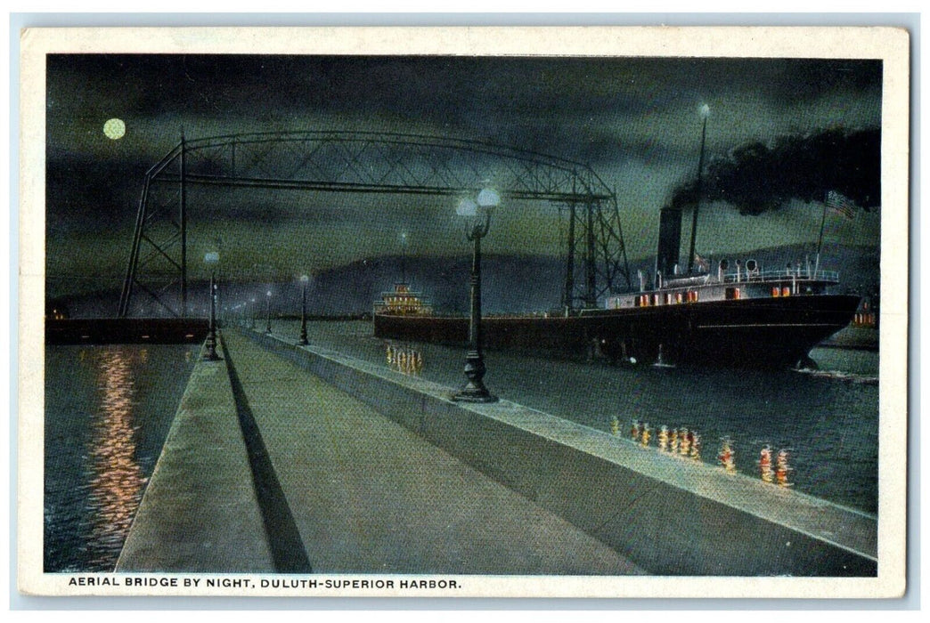 c1920 Aerial Bridge Night Duluth Steamer Superior Harbor Minnesota MN Postcard