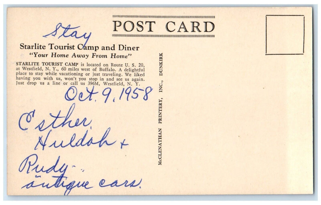 1958 Starlite Tourist Camp And Diner Westfield New York NY Multiview Postcard