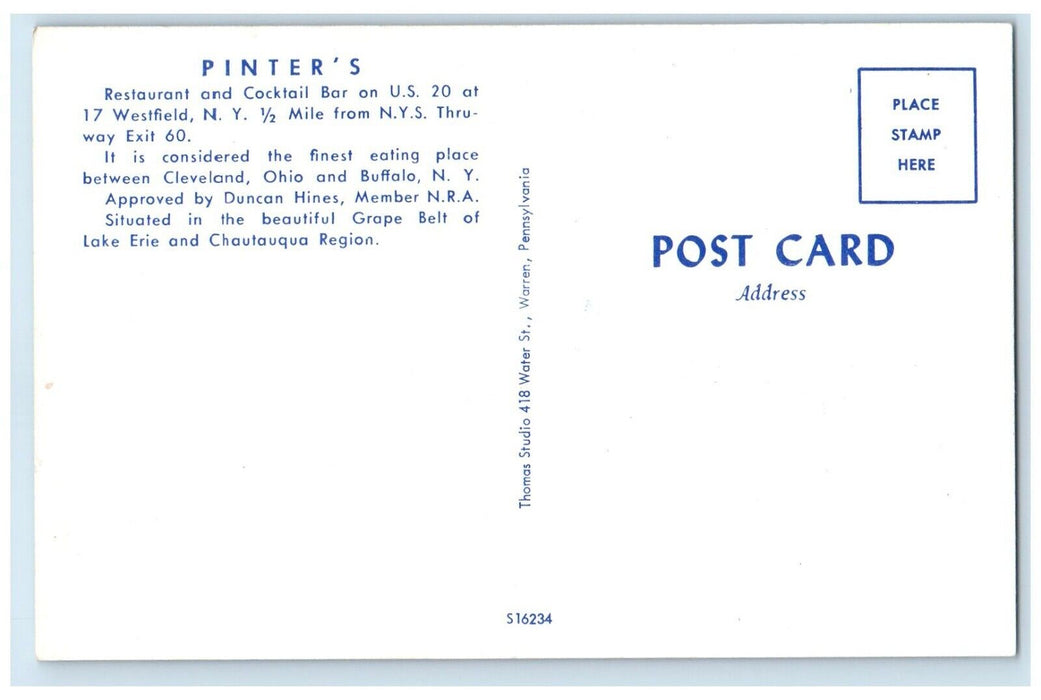 c1950's Pinter's Restaurant And Cocktail Bar Westfield New York NY Postcard
