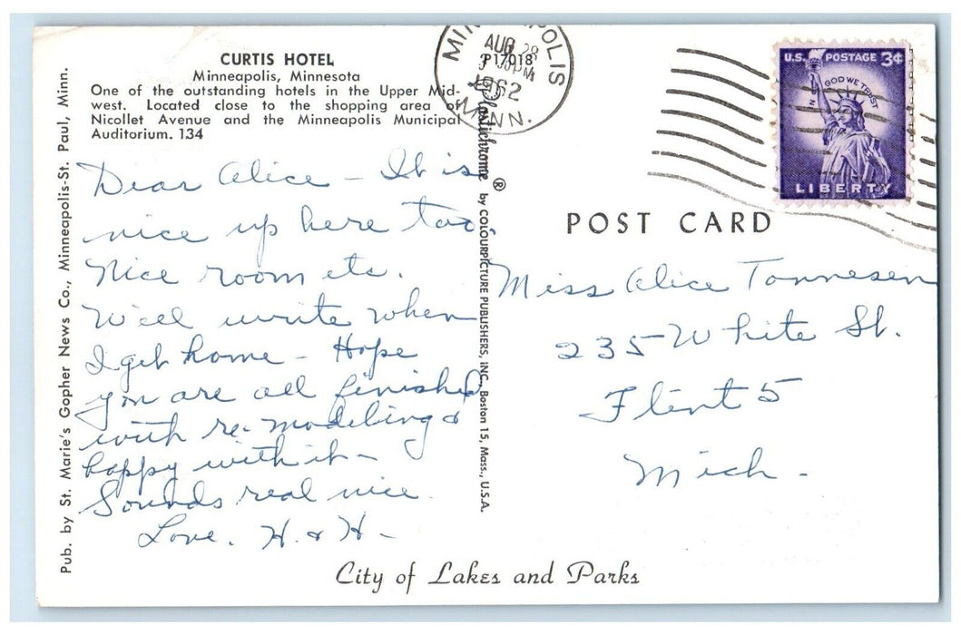 1962 The Curtis Hotel Building Cars Minneapolis Minnesota MN Vintage Postcard