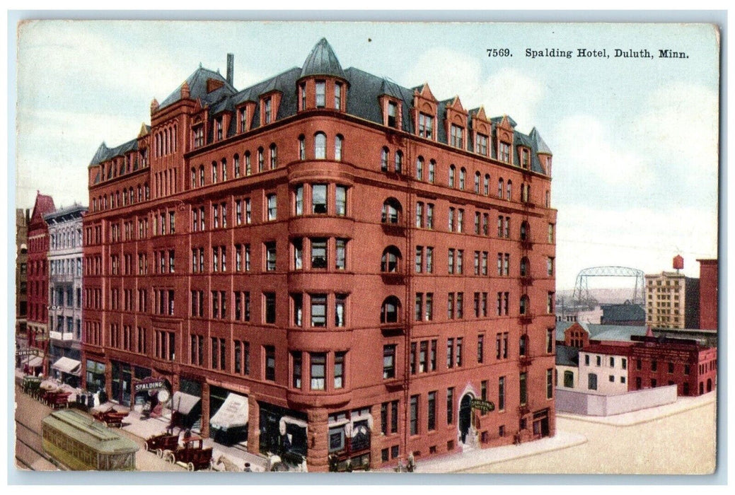 c1910 Spalding Hotel Exterior Streetcar Classic Cars Duluth Minnesota Postcard