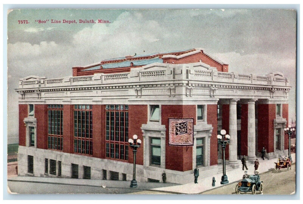c1910 Soo Line Depot Exterior Building Classic Cars Duluth Minnesota MN Postcard