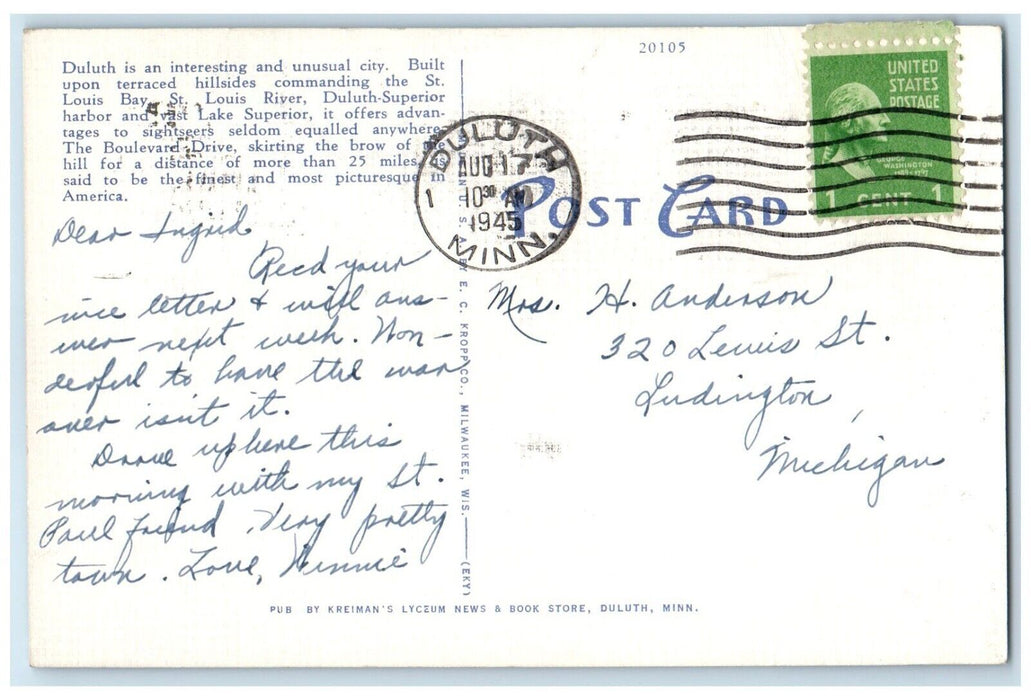 1945 Sky Line Drive Hillsides St. Louis Bay River Duluth Minnesota MN Postcard