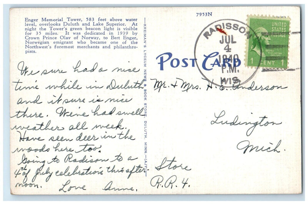 1940 Enger Tower Memorial Tower Lake Superior Exterior Duluth Minnesota Postcard