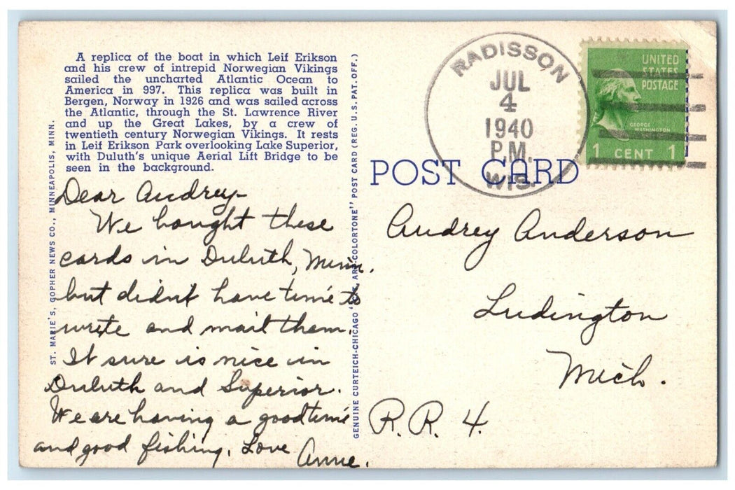 1940 Replica Leif Erikson's Boat River Lake Duluth Minnesota MN Vintage Postcard