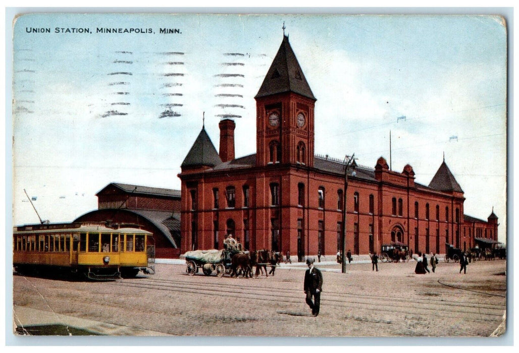 1910 Union Station Exterior Building Streetcar Minneapolis Minnesota MN Postcard