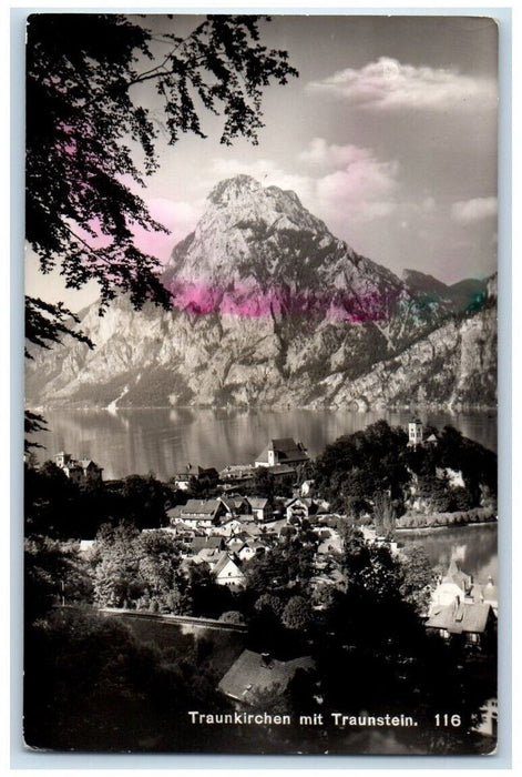 1957 Traunstein Mountain Town Lake View Traunkirchen Austria RPPC Photo Postcard