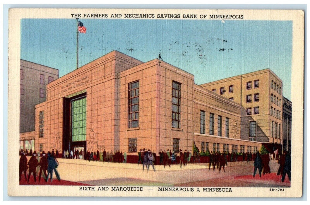 1947 Farmers Mechanics Savings Bank Exterior Minneapolis Minnesota MN Postcard