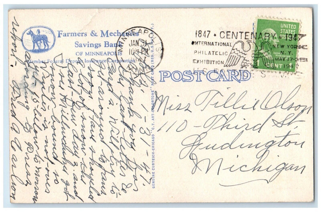 1947 Farmers Mechanics Savings Bank Exterior Minneapolis Minnesota MN Postcard